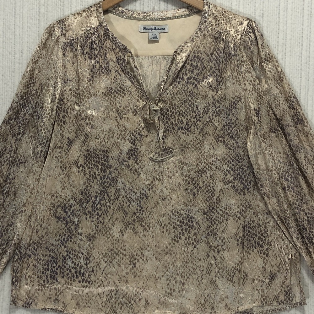 Tommy Bahama Womens Metallic Gold Snakeskin Print Blouse S Long Sleeve Tie Neck